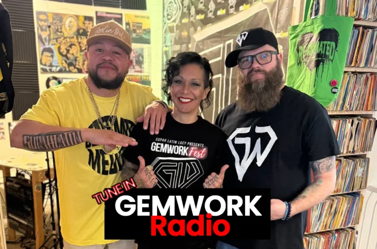 Tune in to Gemwork Radio: hosts in the studio in front of a wall of records.