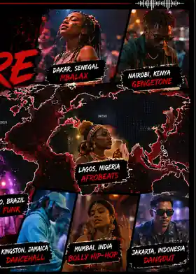 World map collage of global music scenes — Mbalax in Dakar, Gengetone in Nairobi, Afrobeats in Lagos, Baile Funk in Sao Paulo, Dancehall in Kingston, Bolly Hip-Hop in Mumbai and Dangdut in Jakarta