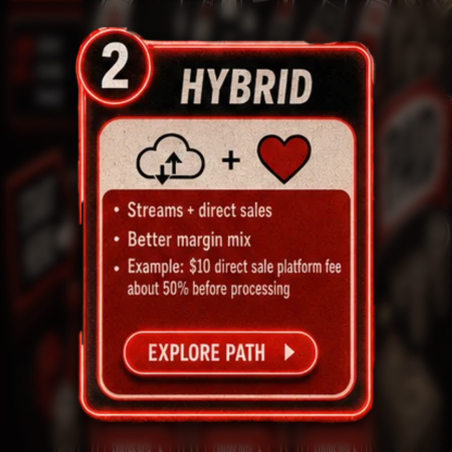 Path 02 HYBRID card from the G.U.M.M. September 2026 cover: streaming plus direct-to-fan