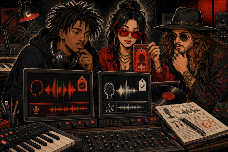 AI labeling rules illustration showing three musicians reviewing human and synthetic recordings.