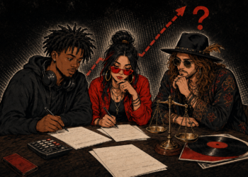 Copyright fees illustration showing musicians reviewing a proposed budget beside an upward arrow and question mark.