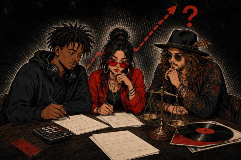 Copyright fees illustration showing musicians reviewing a proposed budget beside an upward arrow and question mark.