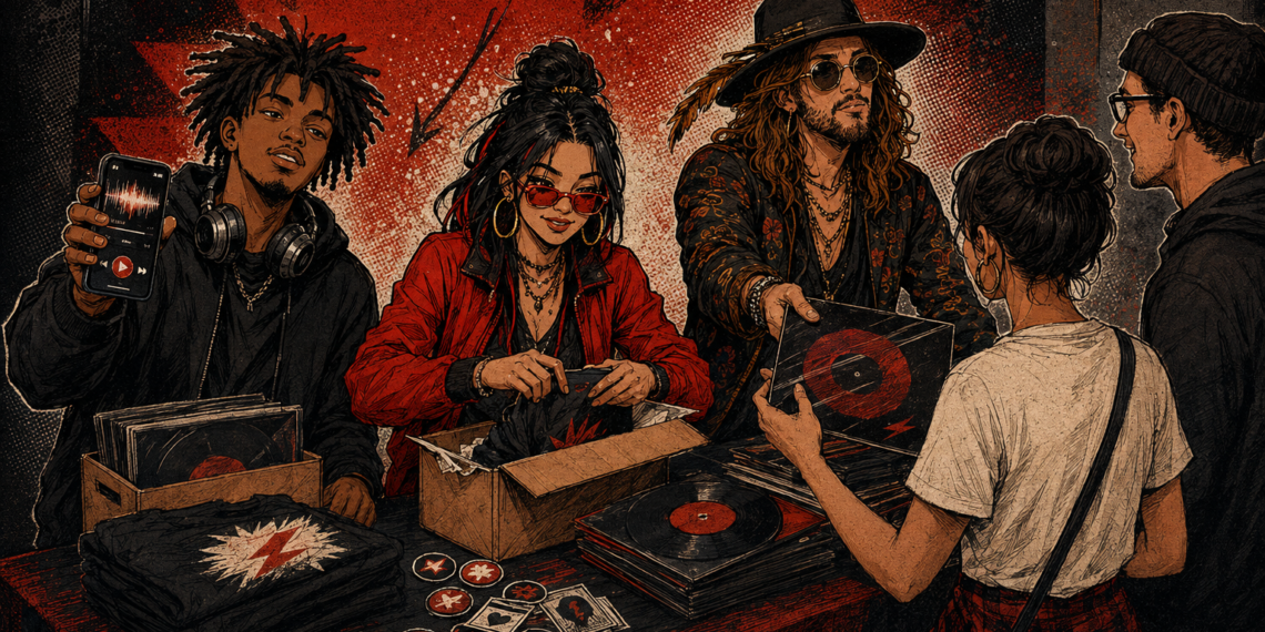 Direct-to-fan illustration showing musicians sharing records and merchandise with fans beside a streaming phone.