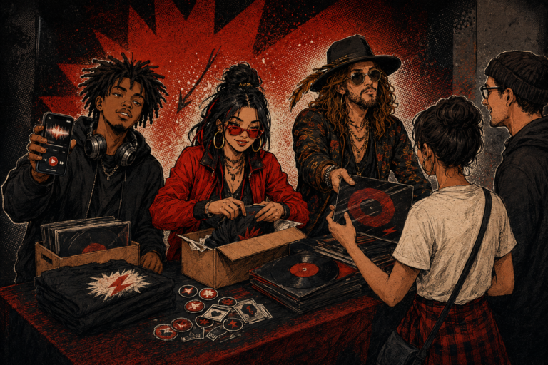Direct-to-fan illustration showing musicians sharing records and merchandise with fans beside a streaming phone.