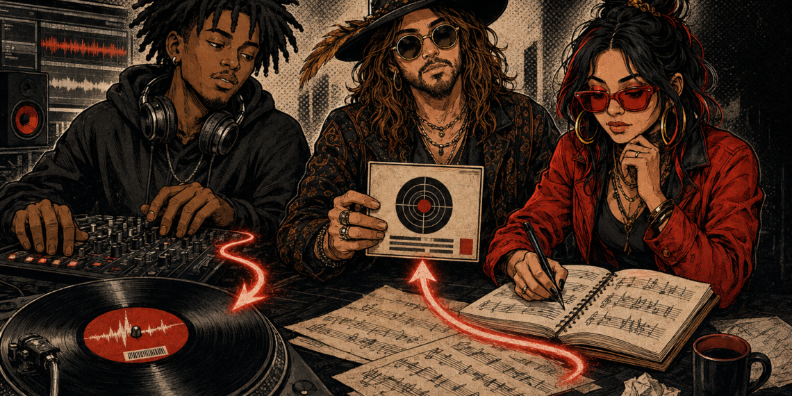 ISRC and ISWC illustration connecting a vinyl recording and written composition to a catalog record.