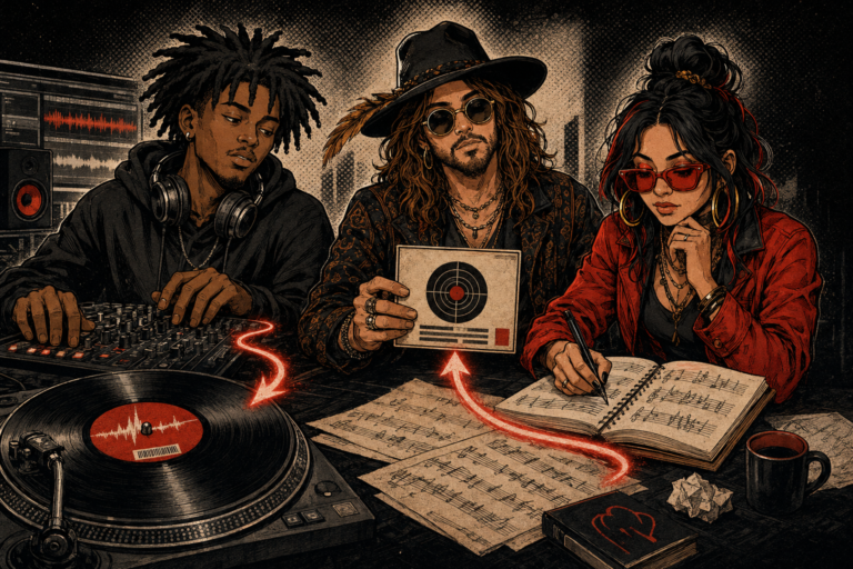 ISRC and ISWC illustration connecting a vinyl recording and written composition to a catalog record.