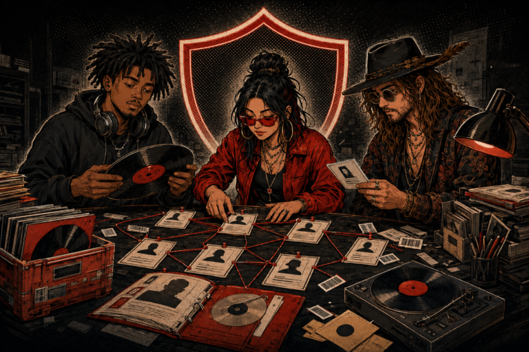 Music metadata illustration showing musicians organizing recording identifiers and contributor cards.