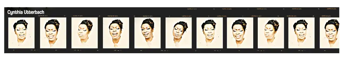 Film-strip banner of Cynthia Utterbach headshots, from the family archive.